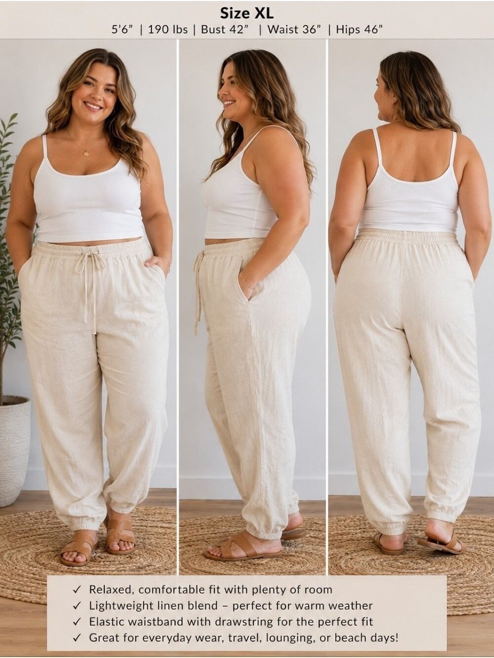 Sincerely Jules Cream Linen Blend Drawstring Jogger Pants Size X Large